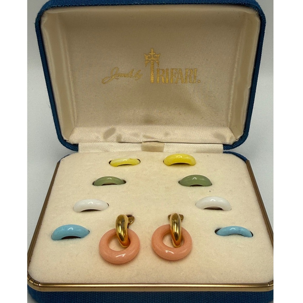 Vintage Trifari Interchangeable Hoop Earrings Set Gold Tone Pastel Multi Color